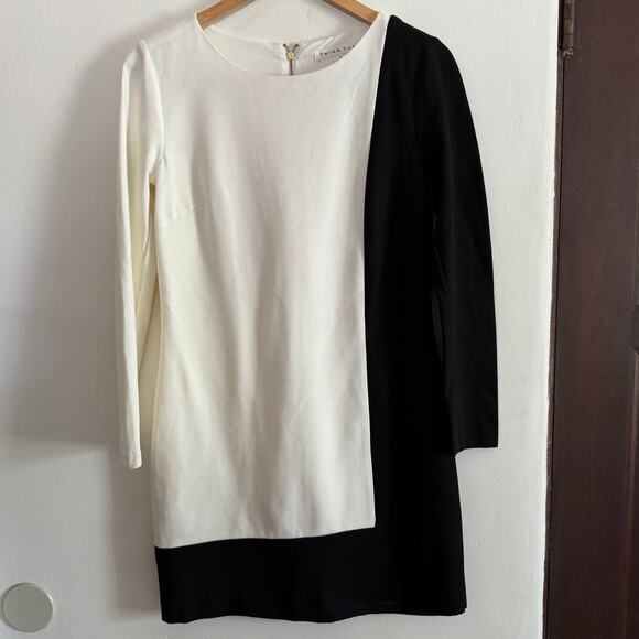 TRINA TURK | Black White Cubist Colorblock Minimalist Long Sleeve Sheath Dress 4 - Picture 1 of 5